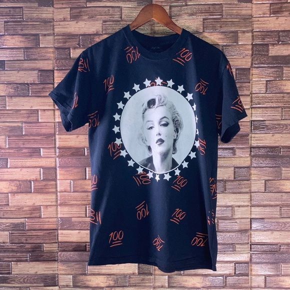 Marilyn Monroe Shirt Mens Medium Black Crew Neck Keep It Real 100 All Over Print - Picture 1 of 9